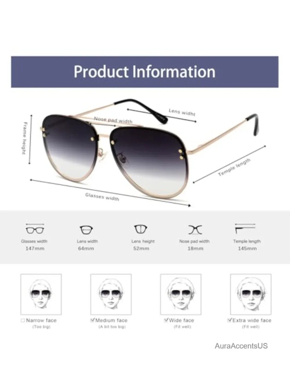 Oversized Aviator Sunglasses for Women UV400 Metal Frame Gradient Lenses